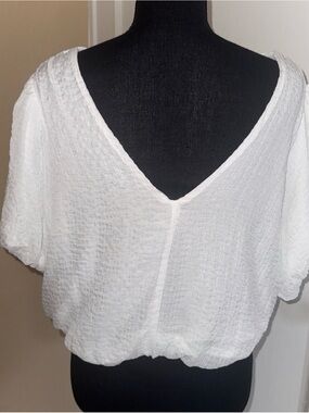 Cottagecore Boho ASTR Bubble Sleeve Gauzy White Textured V-Neck Cropped Top
